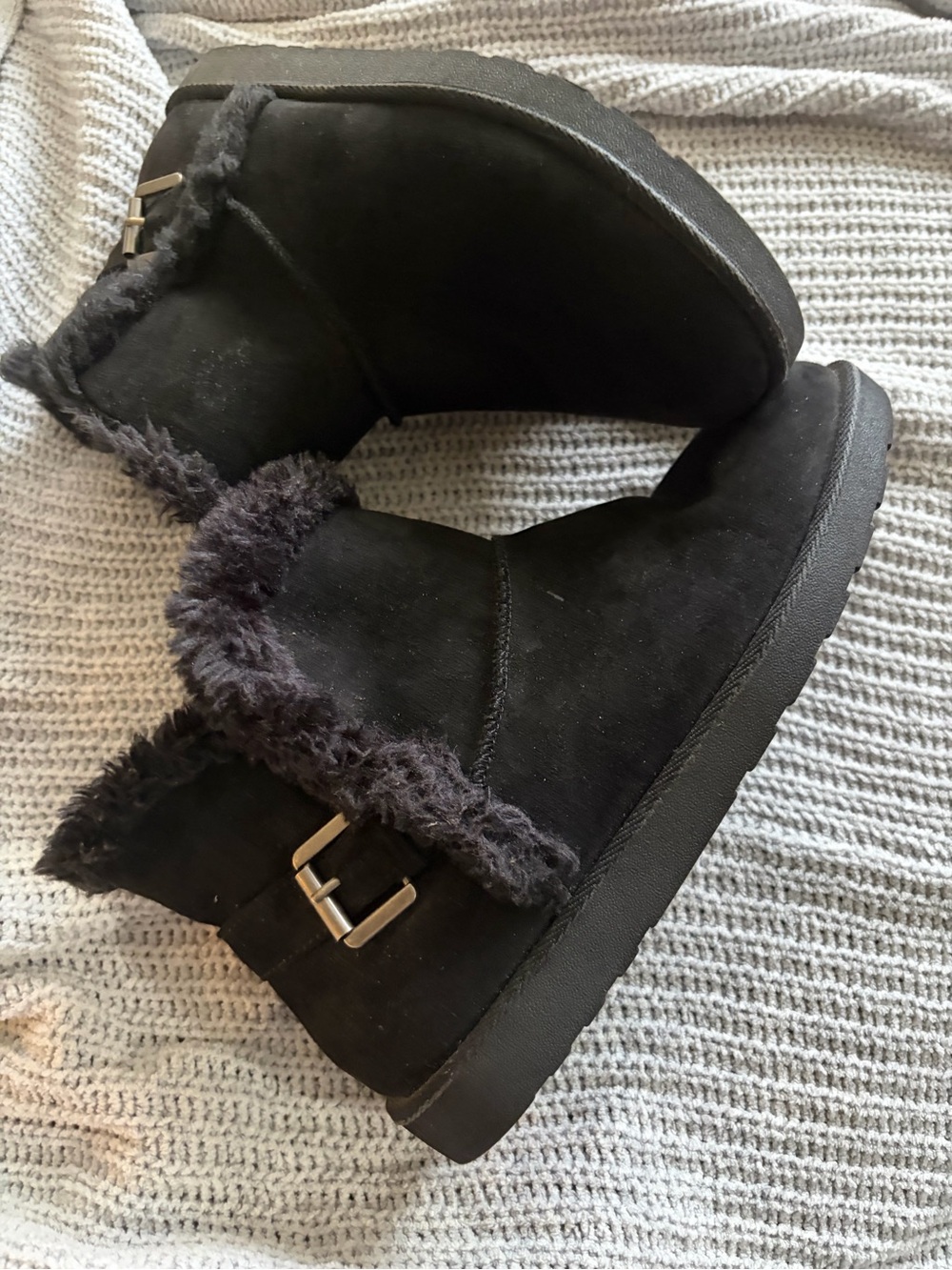 SO Black Faux-Shearling Ankle Booties with Buckle